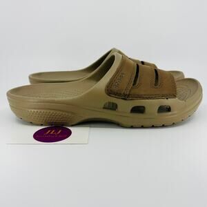 Crocs Men's Yukon Mesa Round Toe Leather Comfort Slide Sandals Tan/Brown Size 9